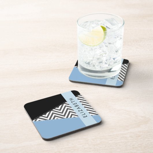 Dessous-de-verre Grey Zigzag, Grey Chevron, Bleu, Votre Nom (Côté Droit)