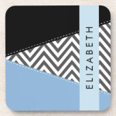 Dessous-de-verre Grey Zigzag, Grey Chevron, Bleu, Votre Nom (Devant)