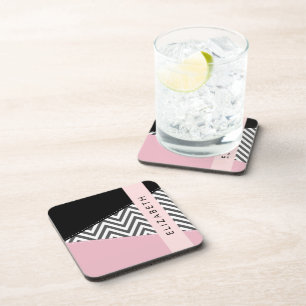 Dessous-de-verre Grey Zigzag, Grey Chevron, Rose, Votre Nom