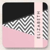 Dessous-de-verre Grey Zigzag, Grey Chevron, Rose, Votre Nom (Devant)