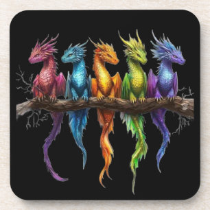 Dessous-de-verre Groupe Arc-en-ciel de bébés dragons sur fond noir