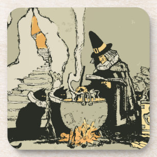 Dessous-de-verre Halloween vintage, sorcière avec chaudron et chats