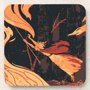 Dessous-de-verre Halloween vintage, sorcière maléfique avec feu en 