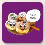 Dessous-de-verre Happy Donuts Hanukkah Coasters in Hebrew<br><div class="desc">hanuka,  hannuka,  hannukah,  hanukah,  hannukkah,  hanukkah,  chanuka,  channuka,  channukah,  chanukah,  channukkah,  chanukkah,   donut,  donuts,  doughnut,  doughnuts,  holiday,  holidays,  jewish,  judaism,  "happy hanukkah",  happy,  kippa,  sufganiot,  soofganiot,  purple, coasters,  coaster</div>