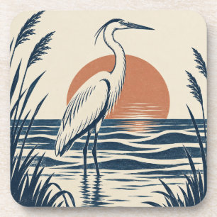 Dessous-de-verre Héron indigo et soleil de terre cuite - Gravure su