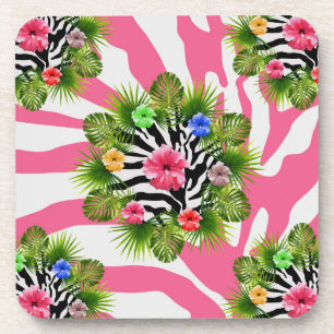 Dessous-de-verre Hibiscus tropical et rayures exotiques de zèbre ro