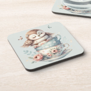 Dessous-de-verre Hibou endormi dans des tasses à thé florales empil