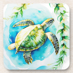 Dessous-de-verre Honu hawaïen avec plumeria et aquarelle de maïs