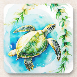 Dessous-de-verre Honu hawaïen avec plumeria et aquarelle de maïs