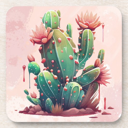 Dessous-de-verre Illustration de cactus rose et vert (Devant)