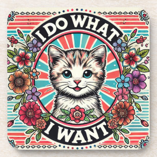Dessous-de-verre Illustration de chat avec des fleurs et un slogan