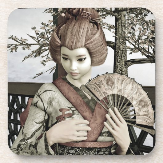 Dessous-de-verre Illustration vintage d'un éventail de geisha en ki (Devant)