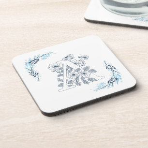Dessous-de-verre Initiale "A" Monogramme bleu Calme Floral