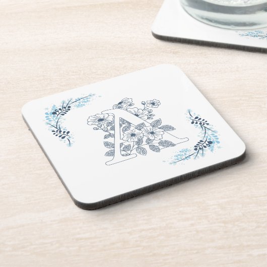 Dessous-de-verre Initiale "A" Monogramme bleu Calme Floral (Côté gauche)