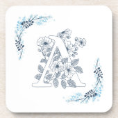 Dessous-de-verre Initiale "A" Monogramme bleu Calme Floral (Devant)