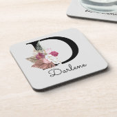 Dessous-de-verre Initiale D Moderne Boho Rose Fille Floral (Côté gauche)