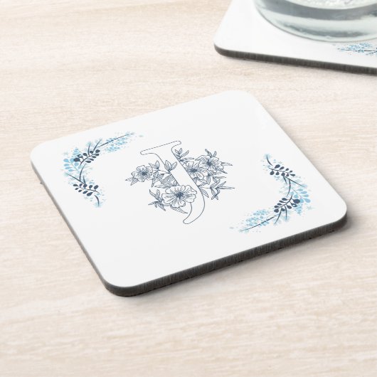 Dessous-de-verre Initiale "J" Monogramme bleu Calme Floral (Côté gauche)