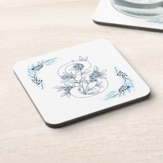Dessous-de-verre Initiale "S" Monogramme bleu Calme Floral (Côté gauche)