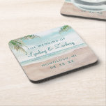 Dessous-de-verre Island Breeze Peint Mariage de la scène de plage M<br><div class="desc">Island Breeze Painted Beach Scene, avec Ocean Waves, Sandy Beach et Palm Trees, avec un beau ciel bleu turquoise. Avec Des Polices De Script De Typographie Moderne. Une Plage Tropicale D'Été, Ou Design de mariage de destination - Dîner Mariage Personnalisé Décor Table Décor Dessous de verre Monogrammes! ~ Regardez ma...</div>