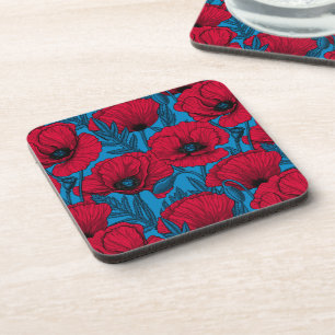 Dessous-de-verre Jardin de coquelicots rouges sur fond bleu