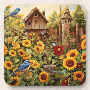Dessous-de-verre Jardin de tournesol 4 Maisons d'oiseaux Oiseaux bl
