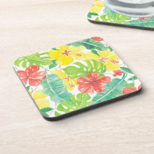 Dessous-de-verre Jardin tropical, plumeria hibiscus et feuilles de 