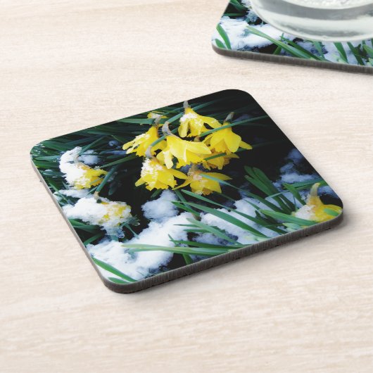 Dessous-de-verre Jaune Daffodils fleurs dans la neige (Côté gauche)