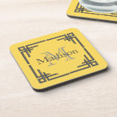Dessous-de-verre Jaune Moutarde Gris Bordure Géométrique Monogramme (Côté gauche)