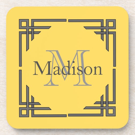 Dessous-de-verre Jaune Moutarde Gris Bordure Géométrique Monogramme (Devant)