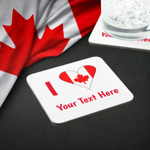 Dessous-de-verre Je (Drapeau Canadien Cœur) Votre Texte Rouge