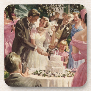 Dessous-de-verre Jeunes mariés de mariage vintage coupent le gâteau