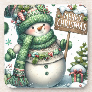 Dessous-de-verre Joli bonhomme de neige de Noël vert