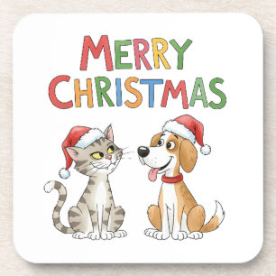 Dessous-de-verre Joli chat de Noël et chien avec chapeau de Père No
