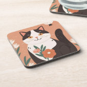 Dessous-de-verre Joli Chat Heureux avec des Fleurs de Printemps  (Côté gauche)