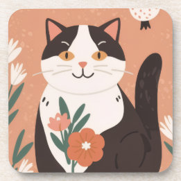 Dessous-de-verre Joli Chat Heureux avec des Fleurs de Printemps 
