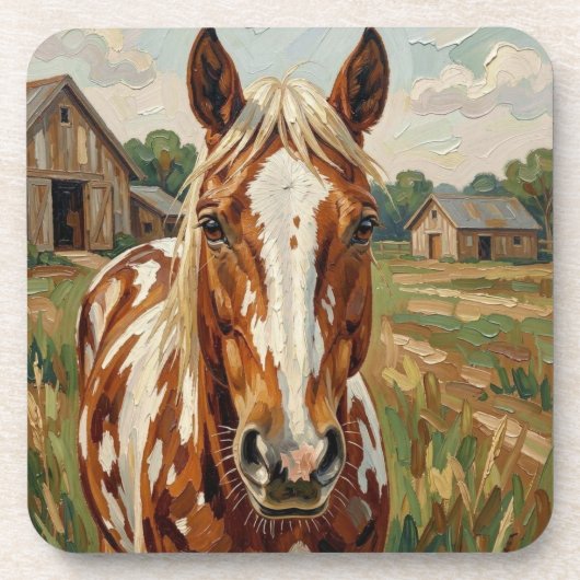 Dessous-de-verre Joli cheval brun et blanc dans une ferme rustique (Devant)
