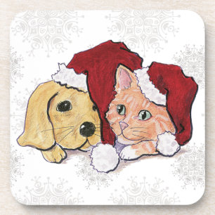 Dessous-de-verre Joli chiot Labrador de Noël et chat tigré orange