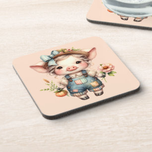Dessous-de-verre Joli cochon Farmcore en salopette avec des fleurs