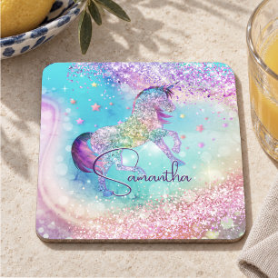 Dessous-de-verre Joli licorne rose paillettes arc-en-ciel aqua mono