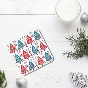 Dessous-de-verre Joli sapin de Noël rouge et bleu motif nordique