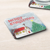 Dessous-de-verre Joyeuse église de Noël et arbre de Noël en neige (Côté gauche)