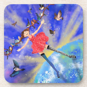 Dessous-de-verre Joyeuse fille aux oiseaux - Bonheur