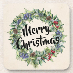 Dessous-de-verre Joyeux Noël - Couronne - Aquarelle peinte à la mai