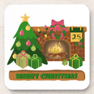 Dessous-de-verre Joyeux Noël près de la cheminée bonfire xmas arbre