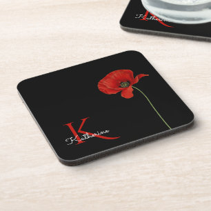 Dessous-de-verre Le coquelicot rouge monogramme sur le noir