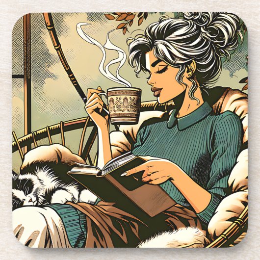 Dessous-de-verre Lecture douce Lady avec café et chat (Devant)