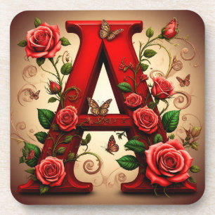 Dessous-de-verre Lettre A rouge élégante par Roses et Papillon