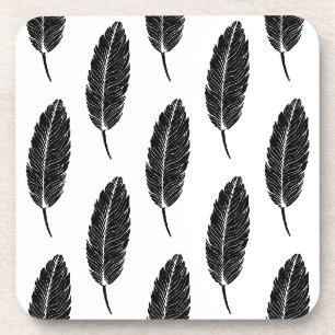 Dessous-de-verre Linocut en plumes rustiques noir et blanc