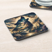 Dessous-de-verre Loup hurlant sur la lune une nuit nuageuse (Côté gauche)