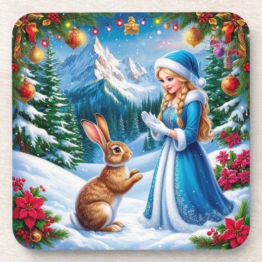 Dessous-de-verre Maïden des neiges en hiver Scène boisée avec lapin (Devant)